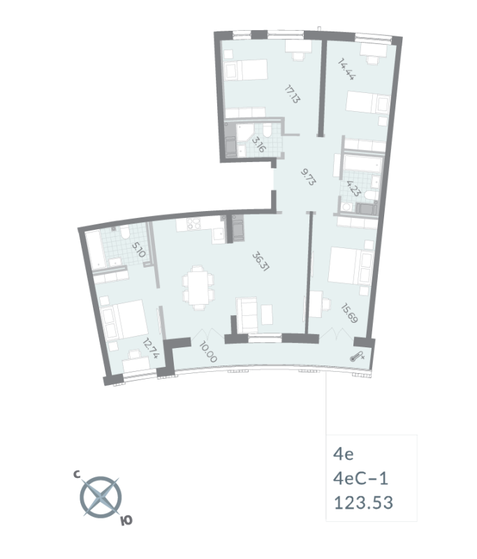 4-комнатная (Евро) квартира, 123.53 м² - планировка, фото №1