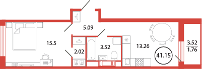 1-комнатная квартира, 41.15 м² - планировка, фото №1