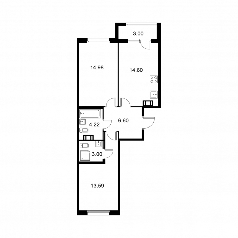 2-комнатная квартира, 58.49 м² - планировка, фото №1