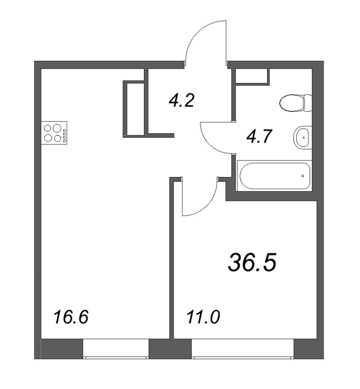 2-комнатная (Евро) квартира, 36.5 м² в ЖК "Куинджи" - планировка, фото №1