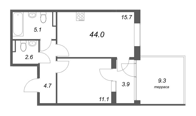 2-комнатная (Евро) квартира, 44 м² в ЖК "Экография" - планировка, фото №1