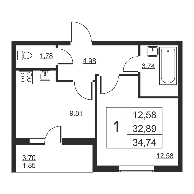 1-комнатная квартира, 34.74 м² в ЖК "Высота" - планировка, фото №1
