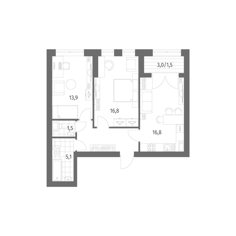 2-комнатная квартира, 64.21 м² - планировка, фото №1