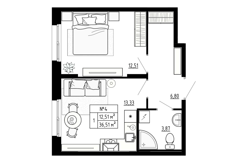 1-комнатная квартира, 36.51 м² в ЖК "Аннино Сити" - планировка, фото №1
