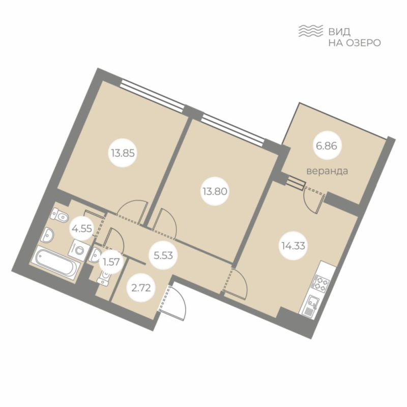 2-комнатная квартира, 63.21 м² - планировка, фото №1