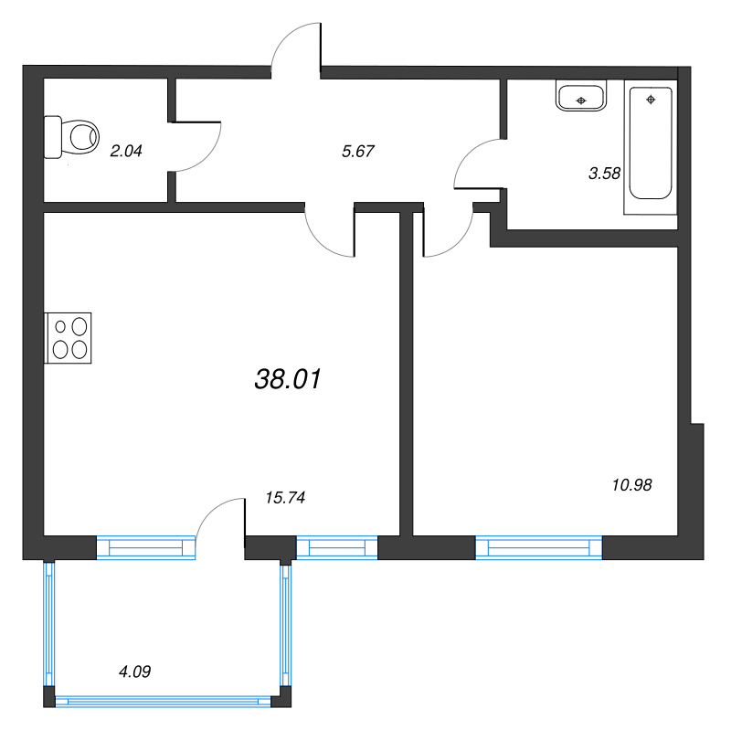 2-комнатная (Евро) квартира, 38.01 м² - планировка, фото №1