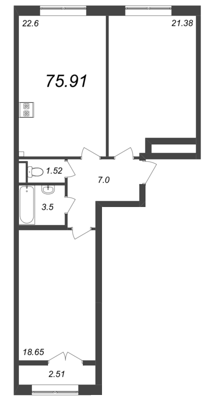 3-комнатная (Евро) квартира, 75.91 м² - планировка, фото №1