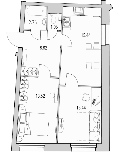 2-комнатная квартира, 54.9 м² - планировка, фото №1
