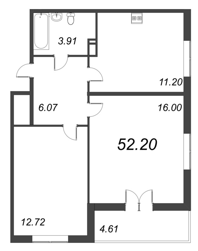 2-комнатная квартира, 52.2 м² в ЖК "Рождественский квартал" - планировка, фото №1