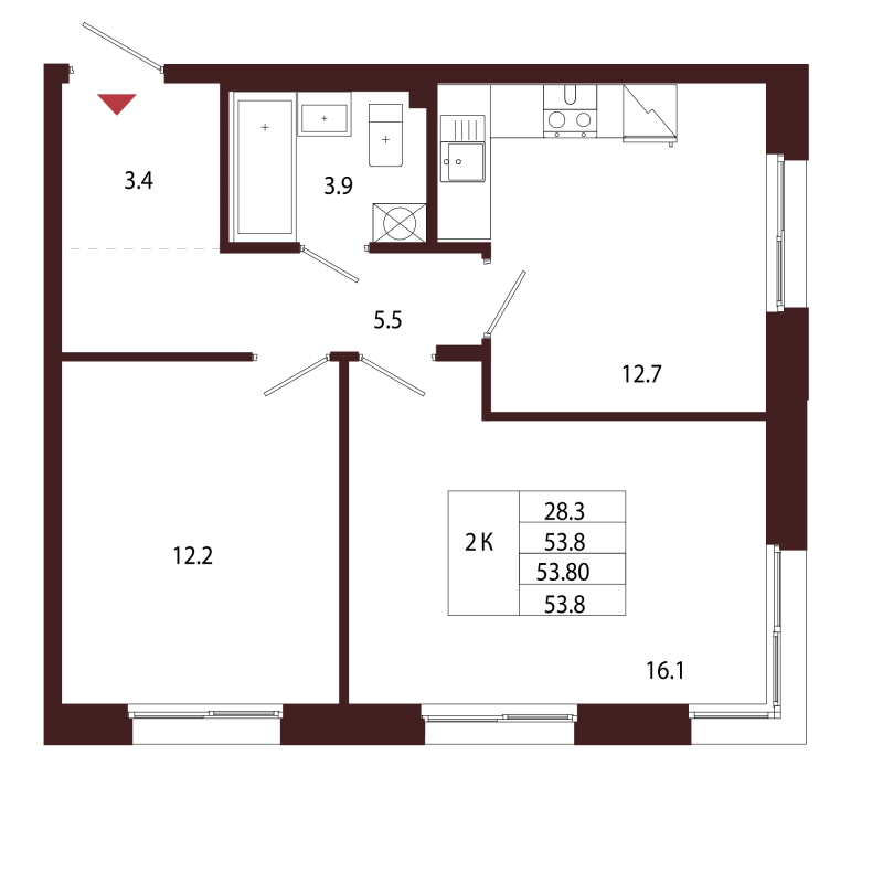 2-комнатная квартира, 53.8 м² в ЖК "Лисино" - планировка, фото №1