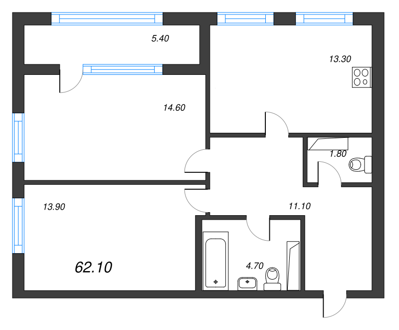 2-комнатная квартира, 62.1 м² в ЖК "Тайм Сквер" - планировка, фото №1