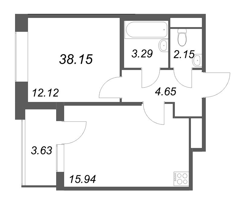 2-комнатная (Евро) квартира, 38.15 м² в ЖК "Дом на Курской" - планировка, фото №1
