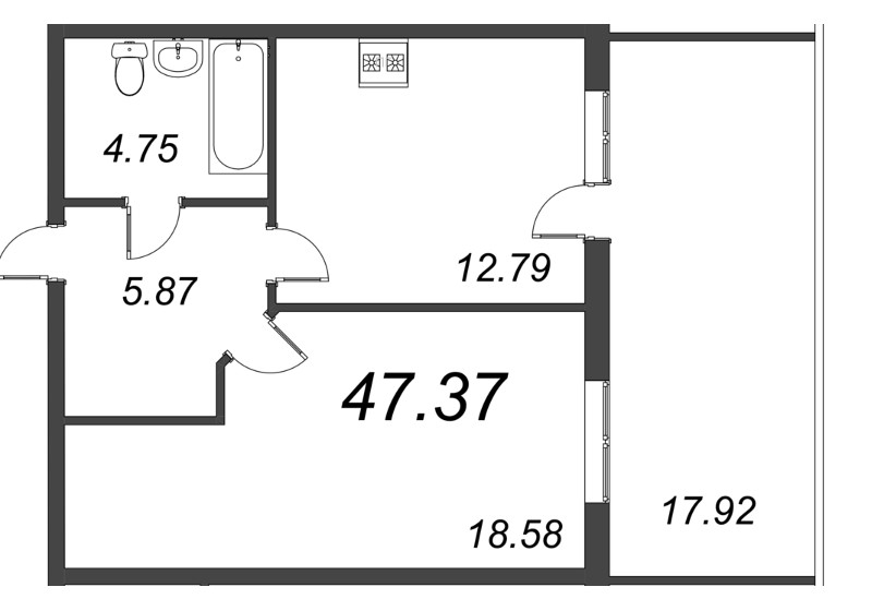1-комнатная квартира, 47.37 м² - планировка, фото №1