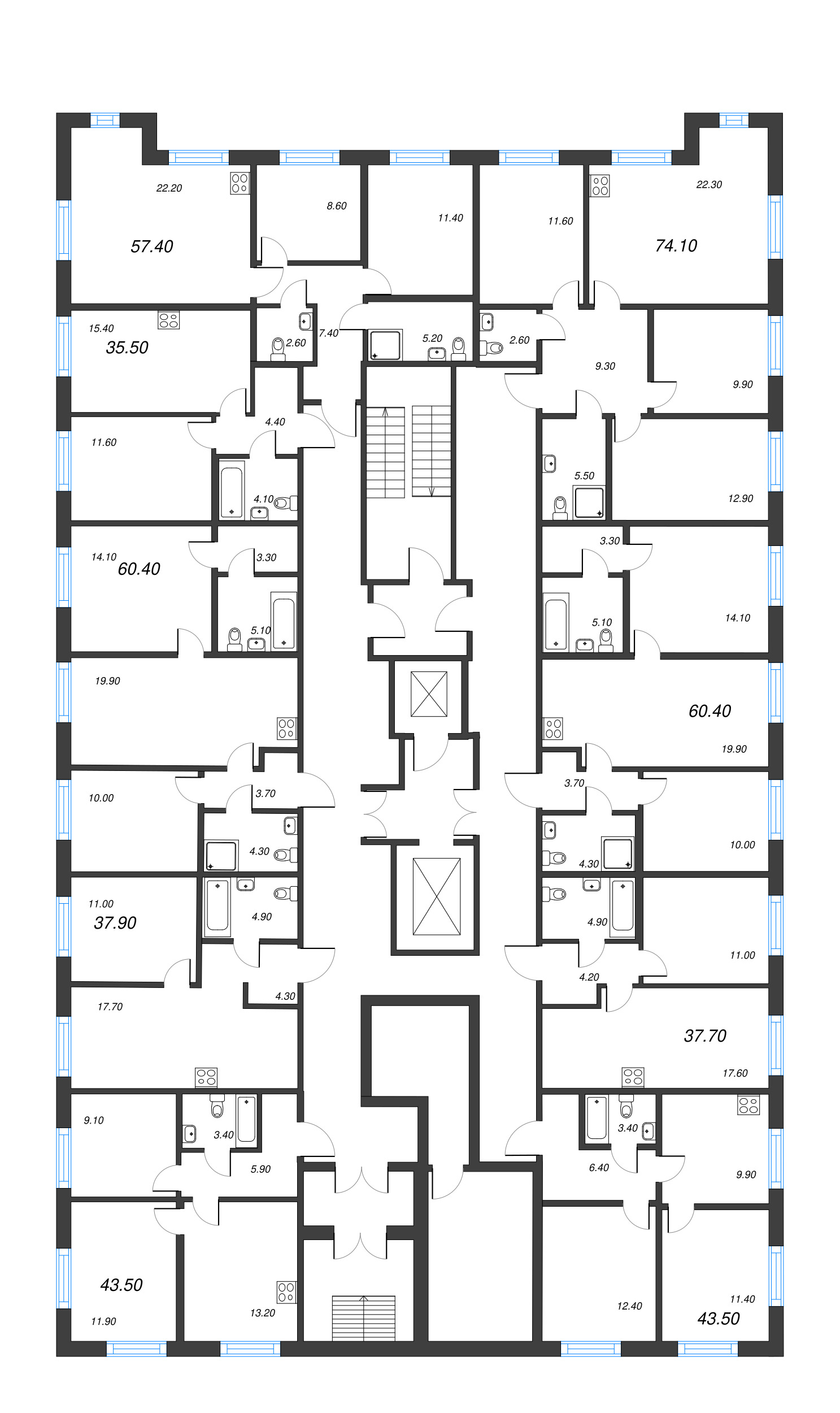 3-комнатная (Евро) квартира, 57.4 м² - планировка этажа