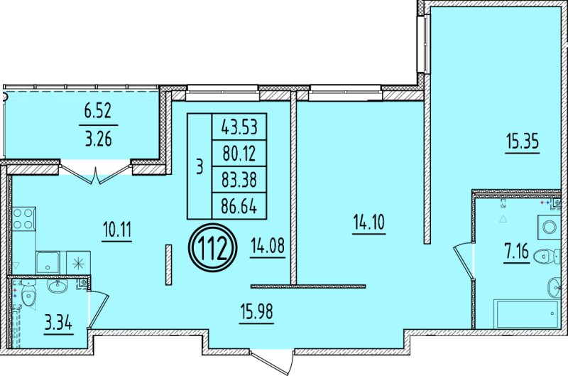 3-комнатная квартира, 80.12 м² в ЖК "Образцовый квартал 6.4" - планировка, фото №1