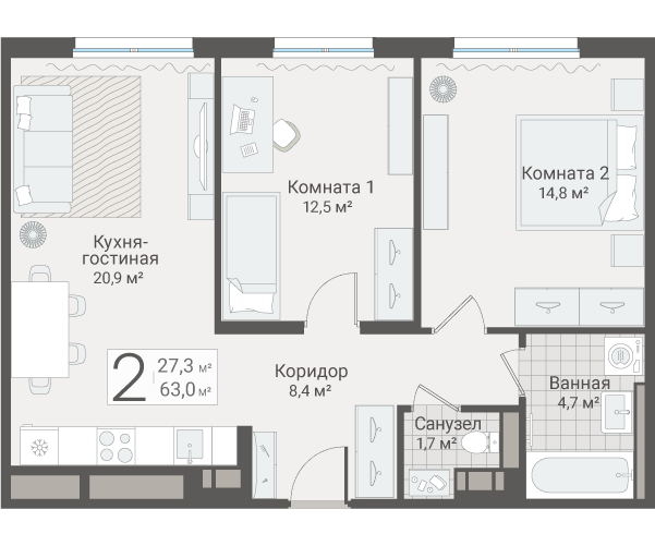 3-комнатная (Евро) квартира, 63 м² в ЖК "Руднева 15" - планировка, фото №1