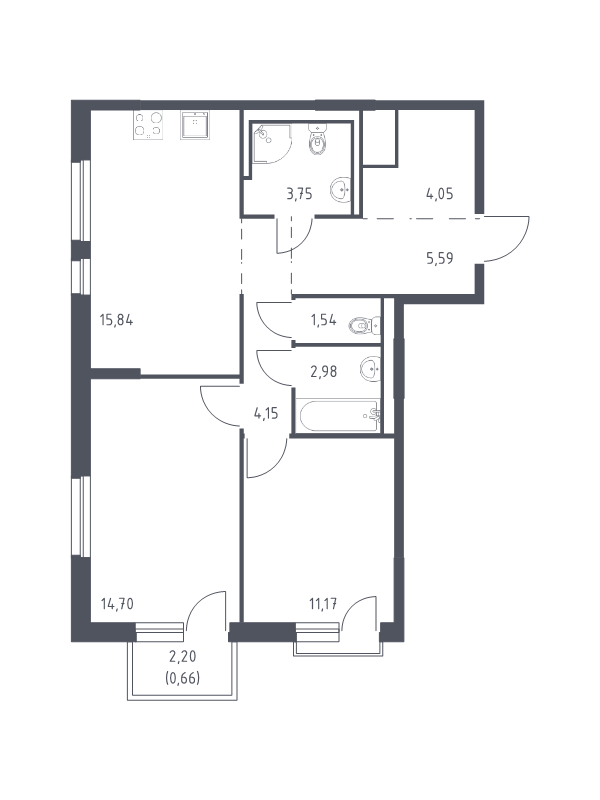 3-комнатная (Евро) квартира, 64.43 м² в ЖК "Невская Долина" - планировка, фото №1