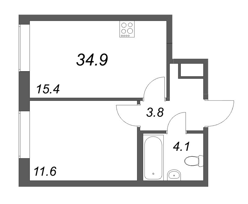 2-комнатная (Евро) квартира, 34.9 м² - планировка, фото №1