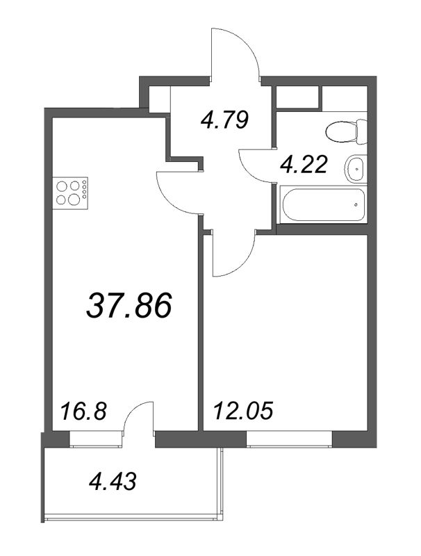 2-комнатная (Евро) квартира, 37.86 м² - планировка, фото №1