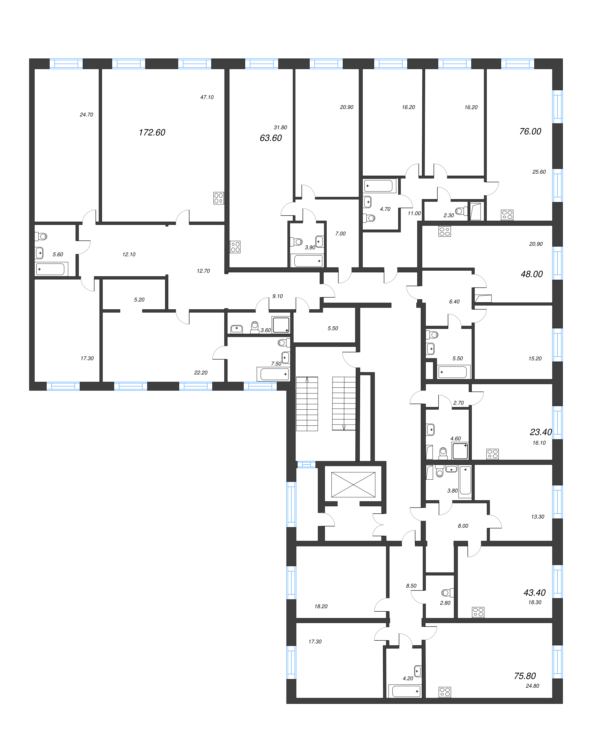 4-комнатная (Евро) квартира, 172.7 м² - планировка этажа