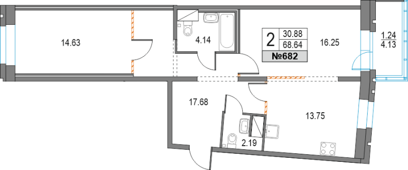2-комнатная квартира, 68.64 м² в ЖК "Приморский квартал" - планировка, фото №1