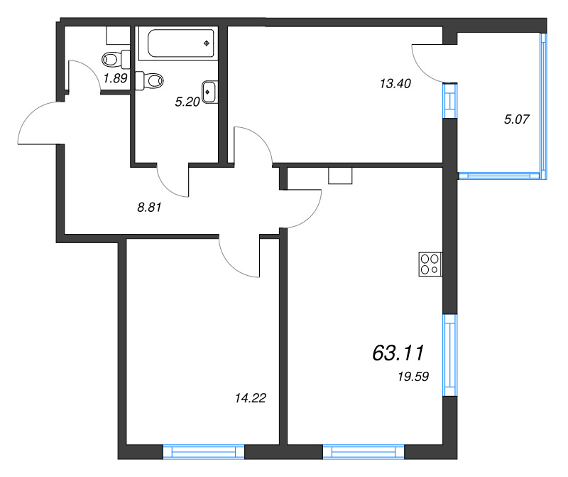 3-комнатная (Евро) квартира, 63.11 м² в ЖК "Любоград" - планировка, фото №1