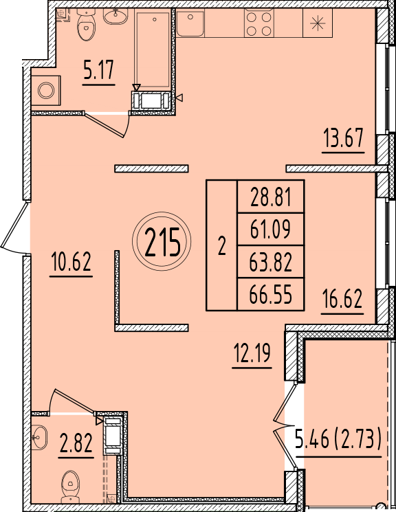 2-комнатная квартира, 61.09 м² в ЖК "Образцовый квартал 6.4" - планировка, фото №1