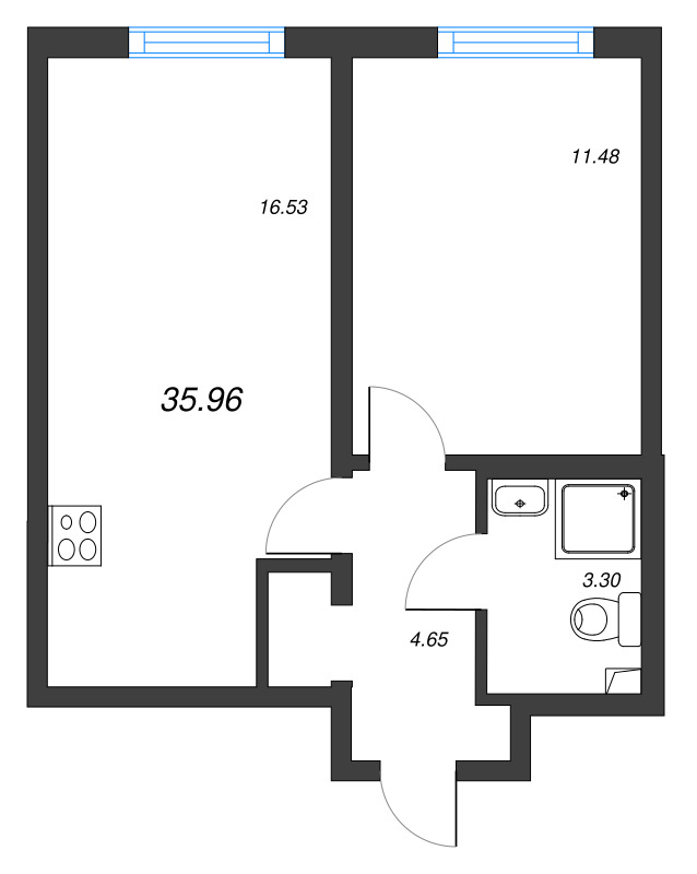 2-комнатная (Евро) квартира, 35.96 м² в ЖК "Морская миля" - планировка, фото №1