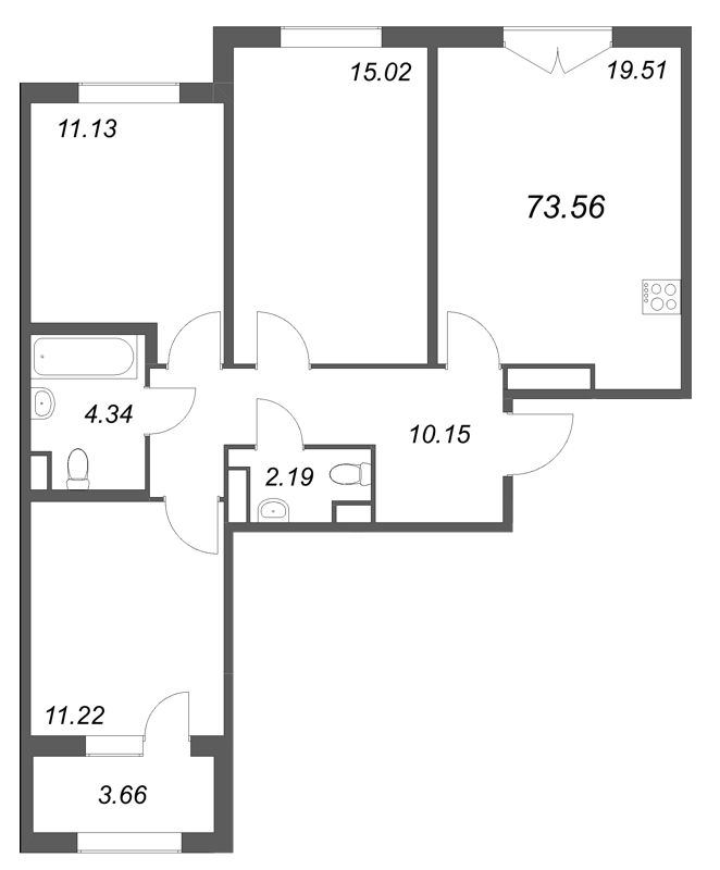 4-комнатная (Евро) квартира, 73.56 м² в ЖК "Дубровский" - планировка, фото №1