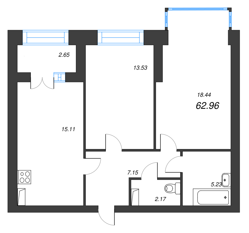 3-комнатная (Евро) квартира, 66.1 м² в ЖК "Наука" - планировка, фото №1