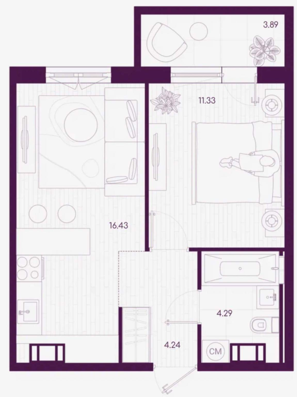 1-комнатная квартира, 37.46 м² - планировка, фото №1