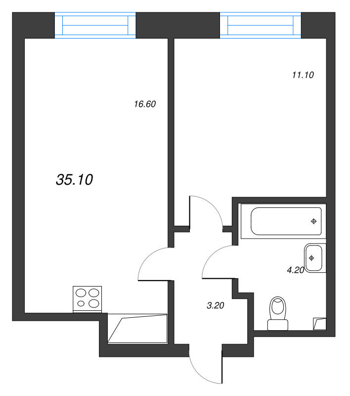 2-комнатная (Евро) квартира, 35.1 м² в ЖК "Большая Охта" - планировка, фото №1