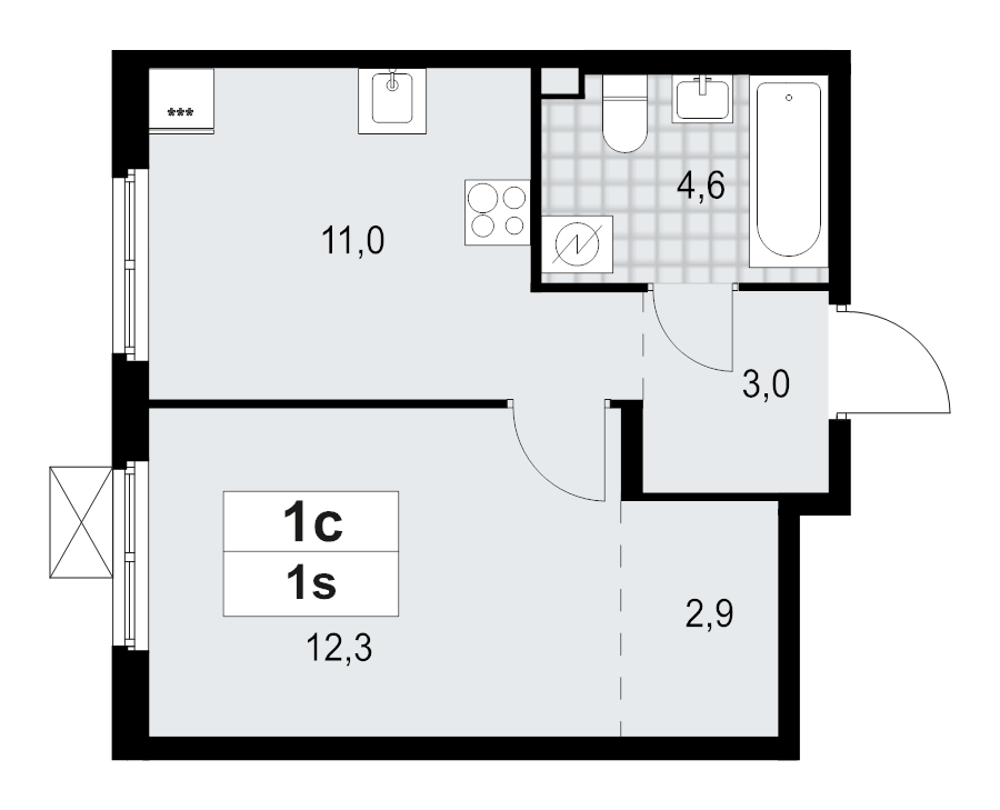 1-комнатная квартира, 33.8 м² - планировка, фото №1