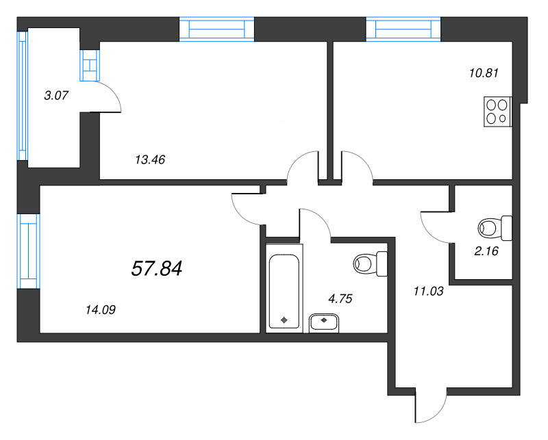 2-комнатная квартира, 57.9 м² - планировка, фото №1