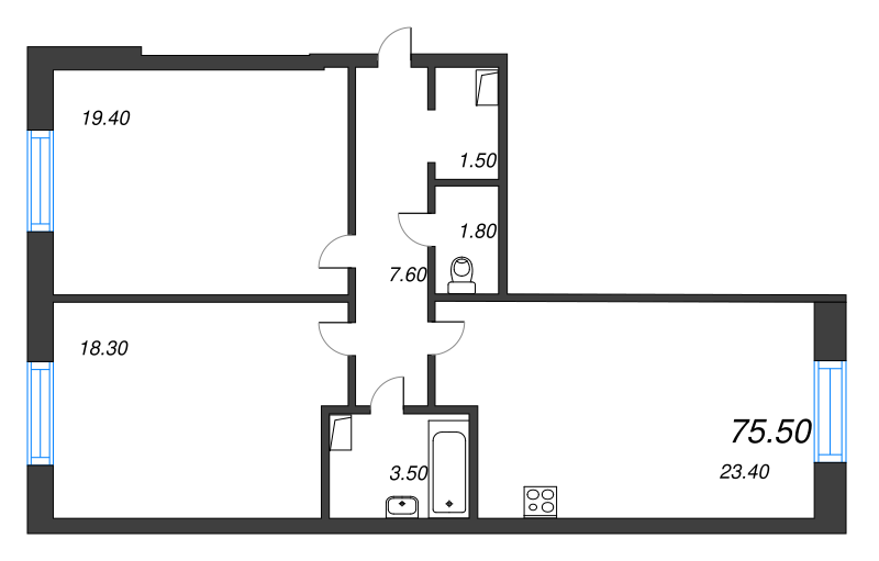 2-комнатная (Евро) квартира, 75.5 м² - планировка, фото №1