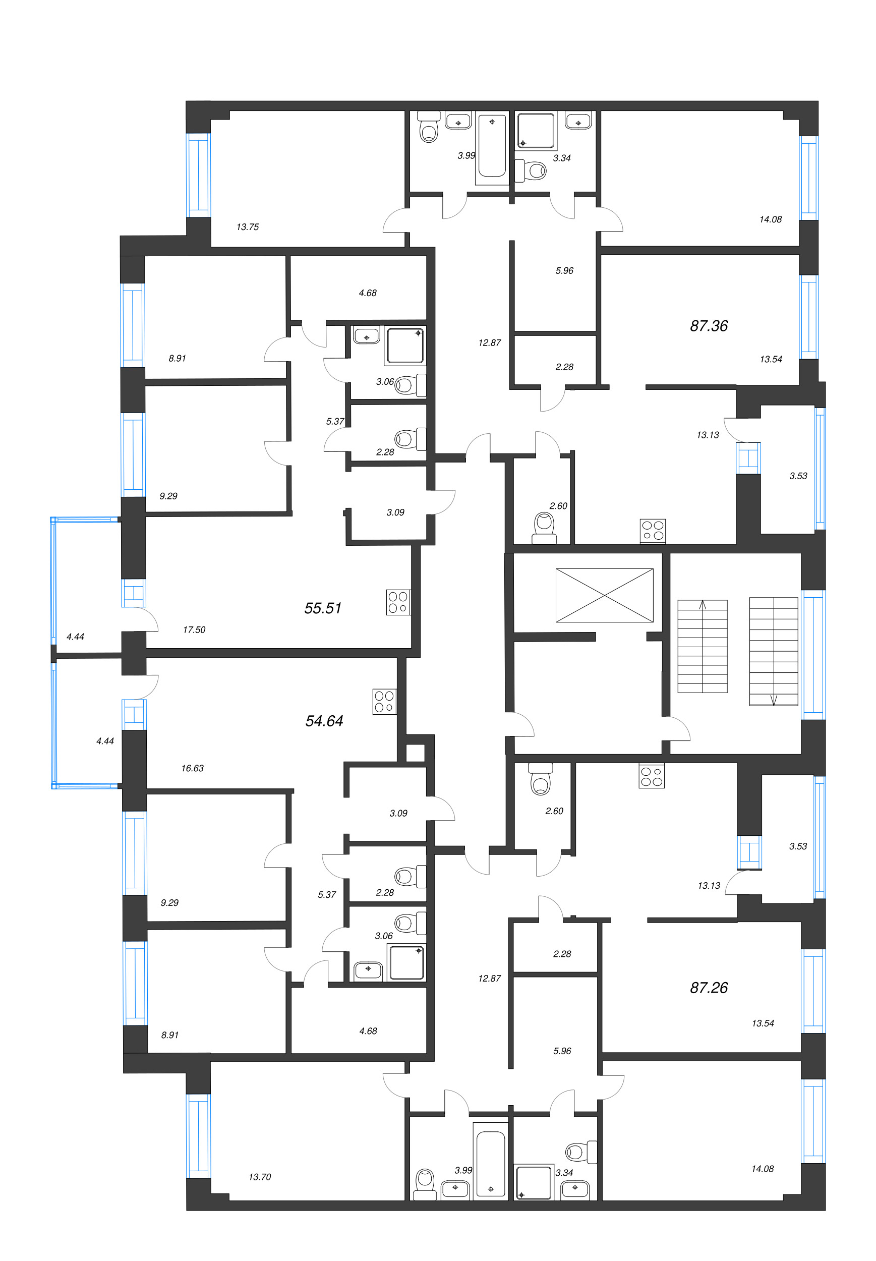 3-комнатная квартира, 87.36 м² в ЖК "Уютный" - планировка этажа