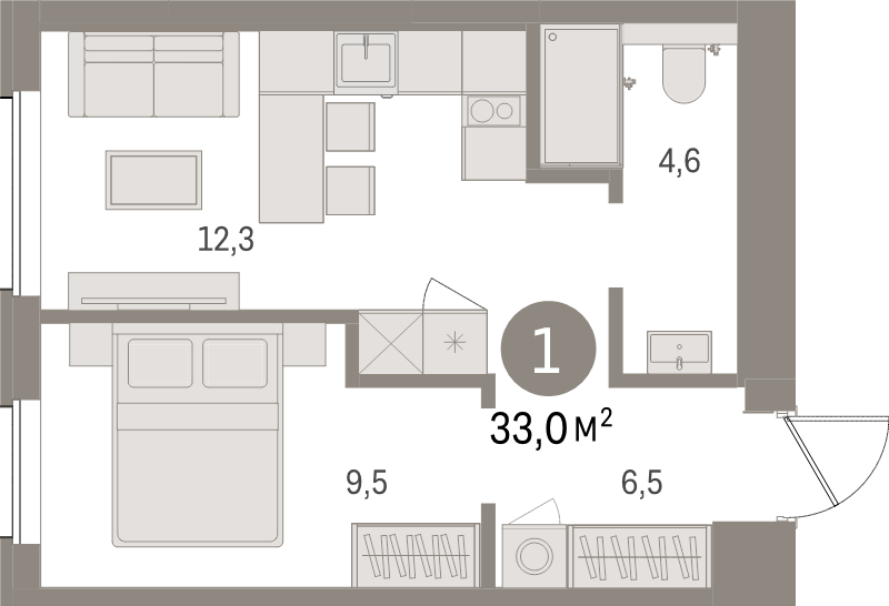 1-комнатная квартира, 33 м² в ЖК "Северный ветер" - планировка, фото №1