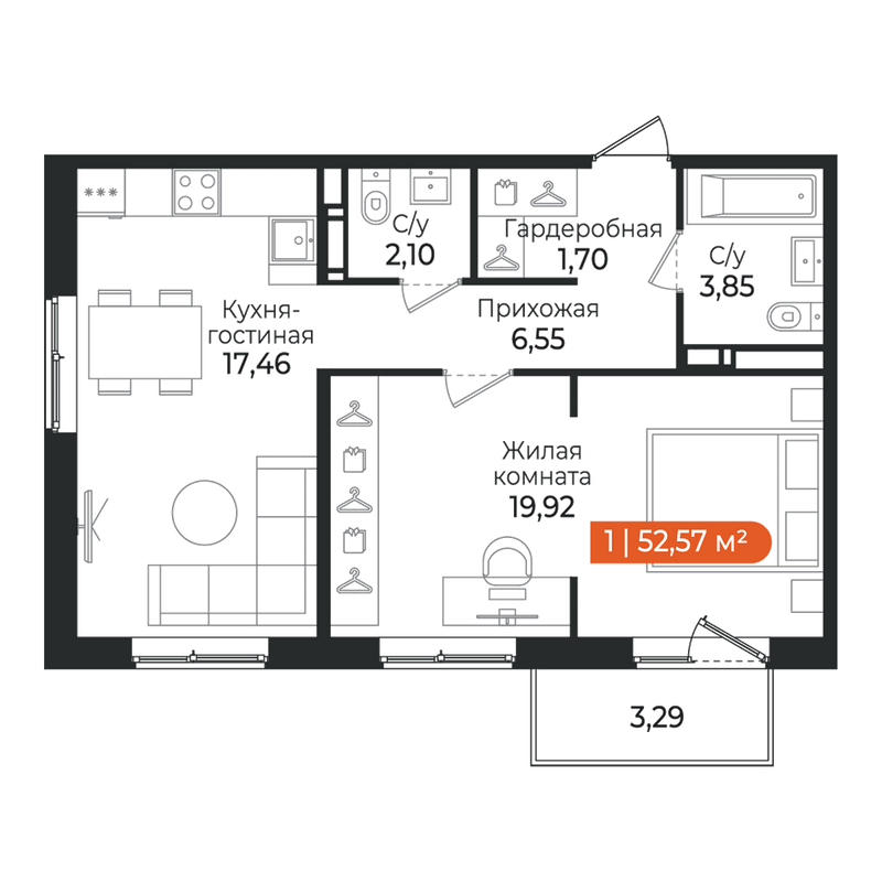 2-комнатная (Евро) квартира, 52.57 м² в ЖК "Алгоритм Квинта" - планировка, фото №1