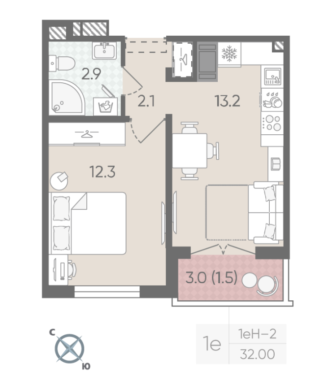 1-комнатная квартира, 32 м² в ЖК "Пейзажный квартал" - планировка, фото №1