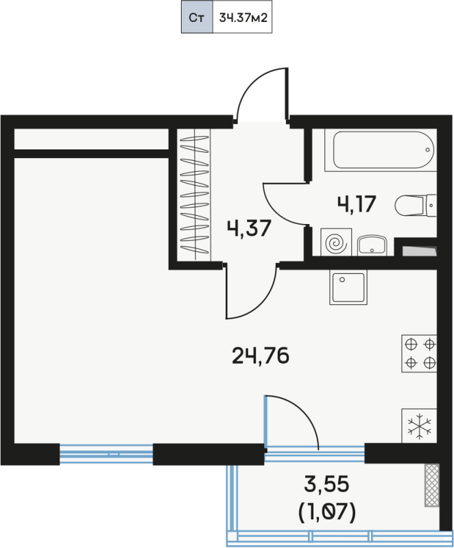 Квартира-студия, 34.55 м² в ЖК "Дом Регенбоген" - планировка, фото №1