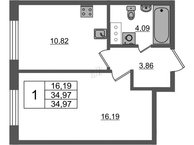 1-комнатная квартира, 34.97 м² в ЖК "Аквилон Янино" - планировка, фото №1