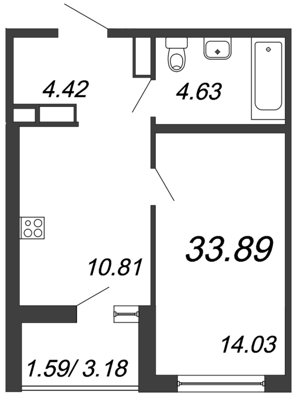1-комнатная квартира, 33.89 м² в ЖК "Чёрная речка" - планировка, фото №1