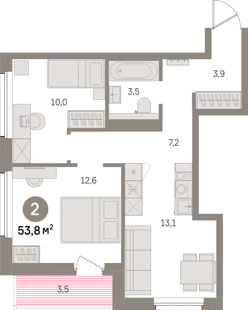 3-комнатная (Евро) квартира, 53.8 м² в ЖК "Северный ветер" - планировка, фото №1