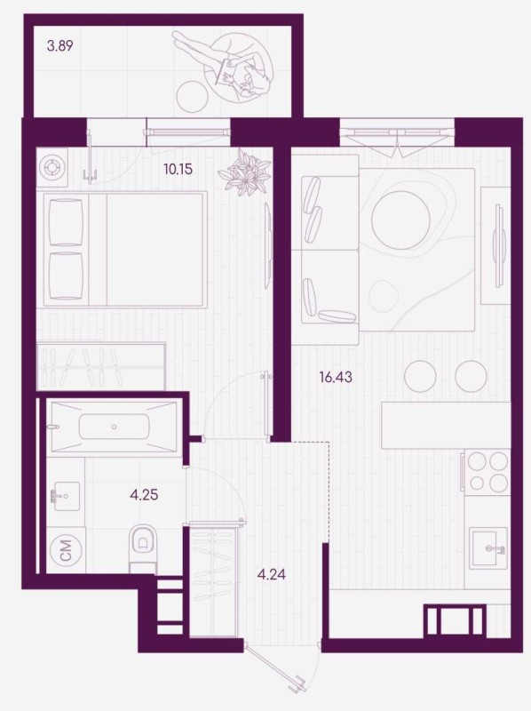 1-комнатная квартира, 35.61 м² - планировка, фото №1