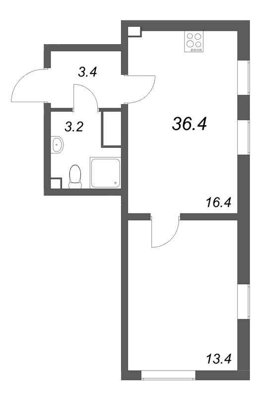 2-комнатная (Евро) квартира, 36.4 м² в ЖК "Октябрьская набережная" - планировка, фото №1
