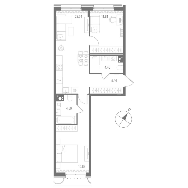 3-комнатная (Евро) квартира, 64.69 м² в ЖК "Остров Первых" - планировка, фото №1