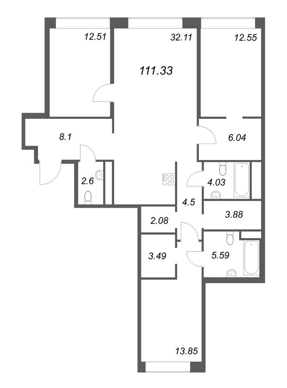 4-комнатная (Евро) квартира, 111.33 м² в ЖК "Avant" - планировка, фото №1