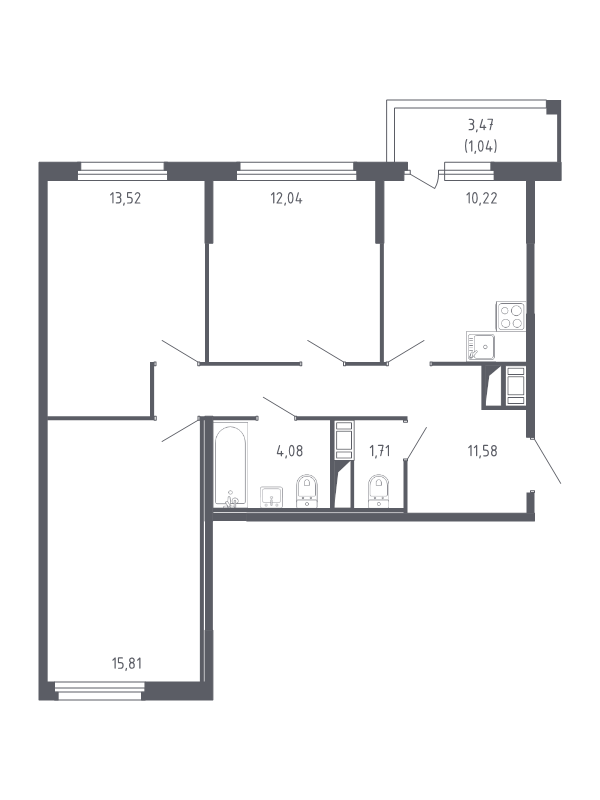 3-комнатная квартира, 70 м² - планировка, фото №1