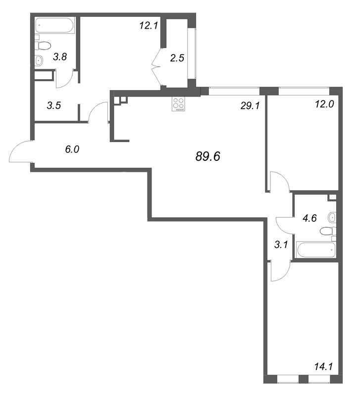 4-комнатная (Евро) квартира, 89.6 м² в ЖК "Кронунг ЮГ" - планировка, фото №1