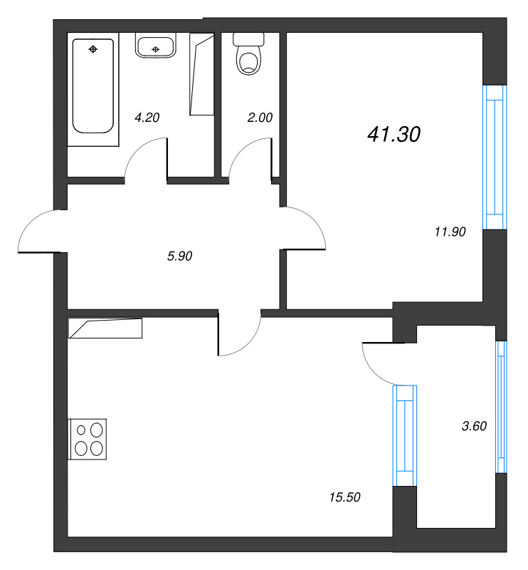 2-комнатная (Евро) квартира, 41.3 м² - планировка, фото №1